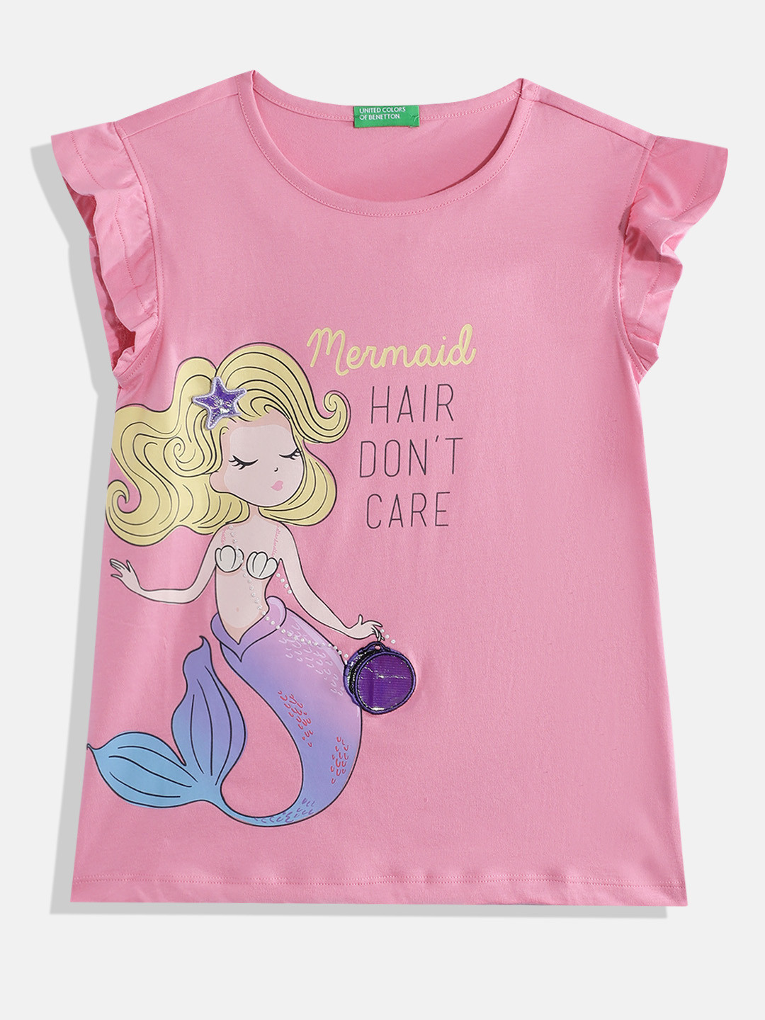 United Colors of Benetton Girls Pure Cotton Mermaid Printed T-shirt