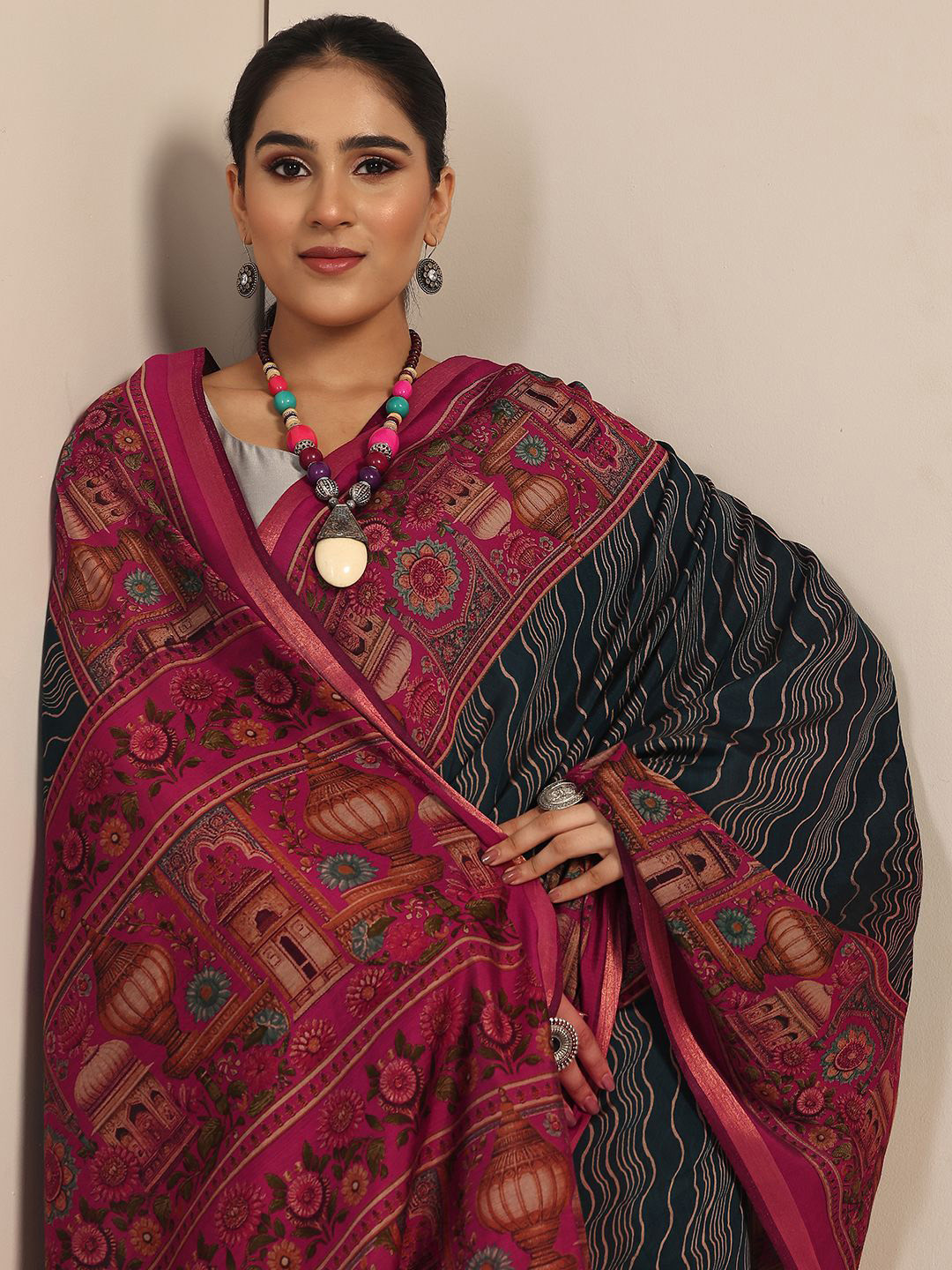 Libas Teal Printed Saree With Unstitched Blouse Piece