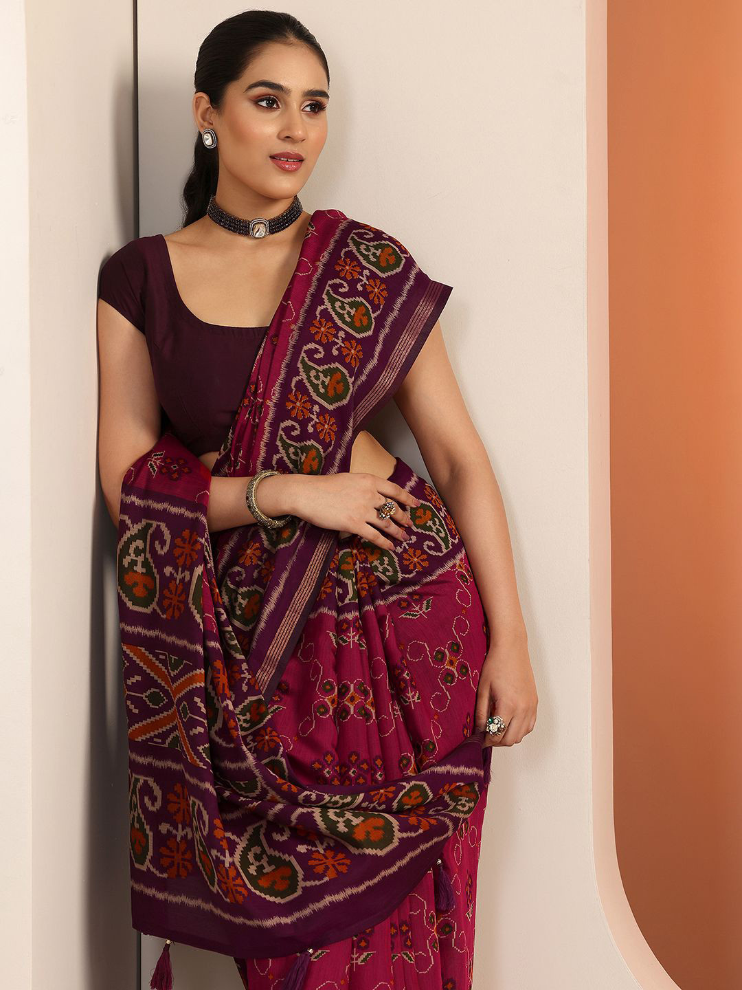 Libas Pink Printed Saree With Unstitched Blouse Piece