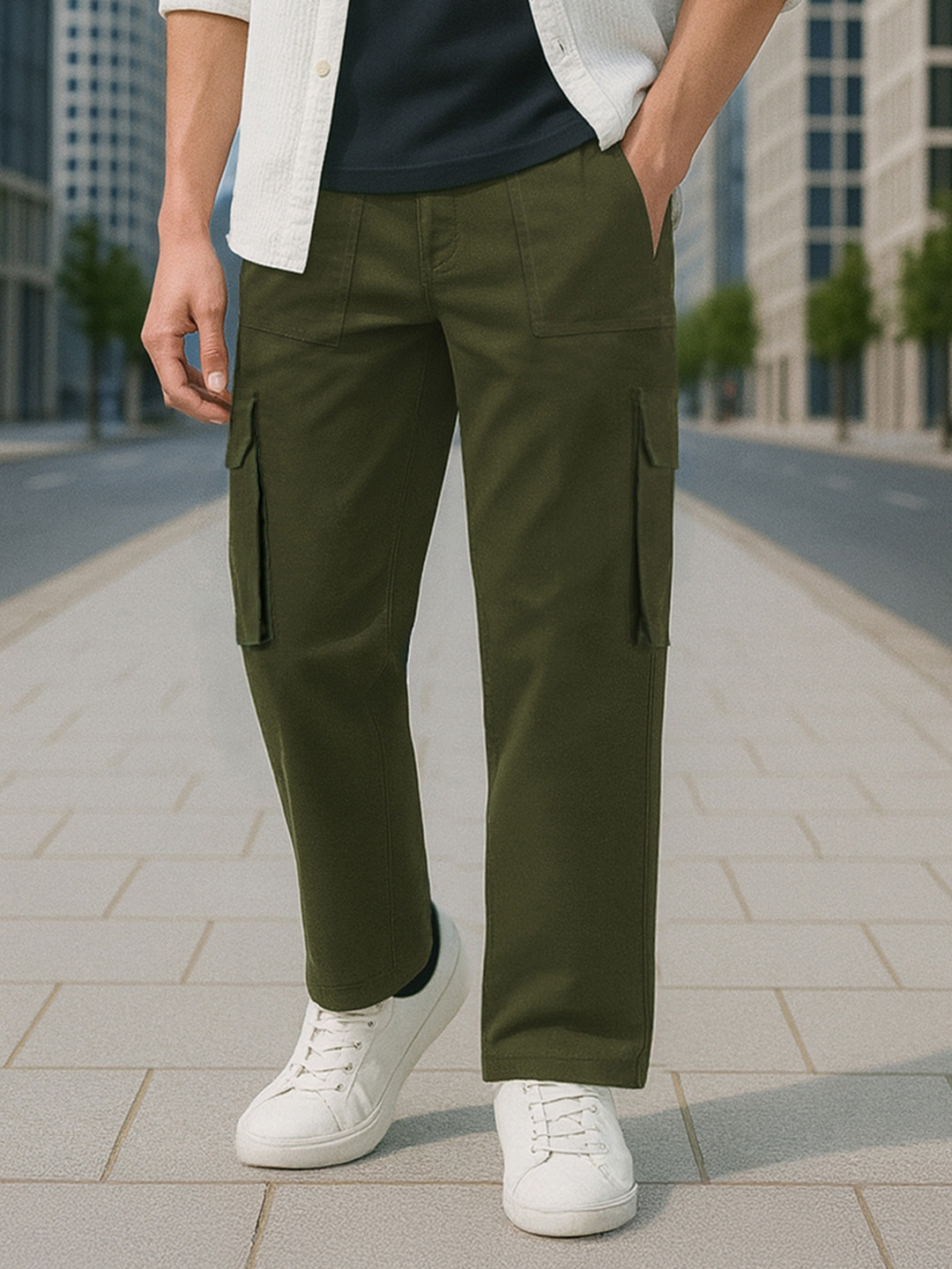 Bewakoof Men Olive Green Straight Fit Cargo Pants