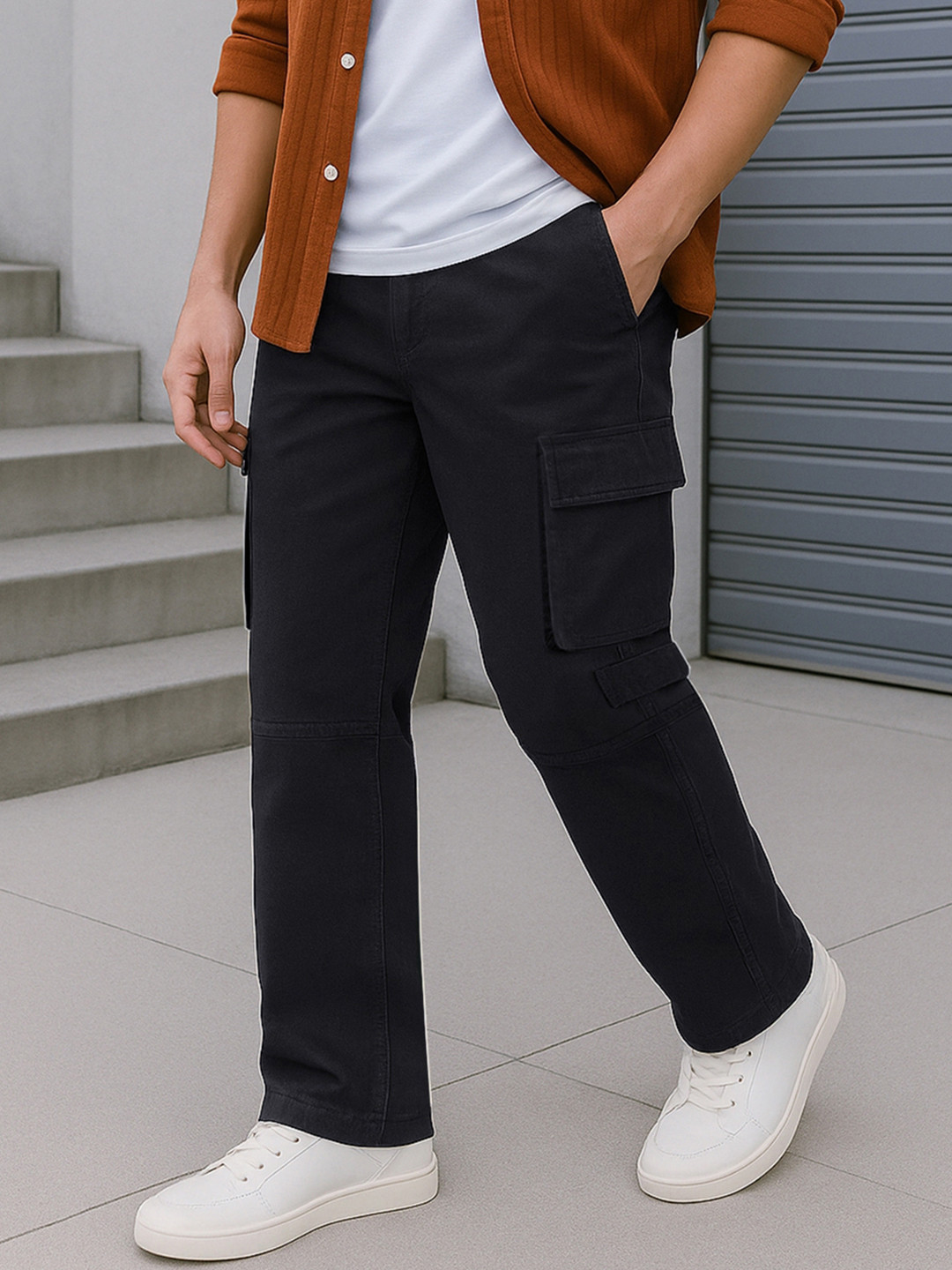 Bewakoof Men Jet Black Baggy Straight Fit Cargo Pants