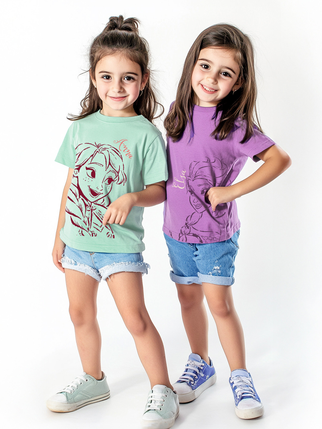 Nauti Nati Girls Pack of 2 Frozen Antimicrobial Graphic Printed Round Neck Cotton T-shirts