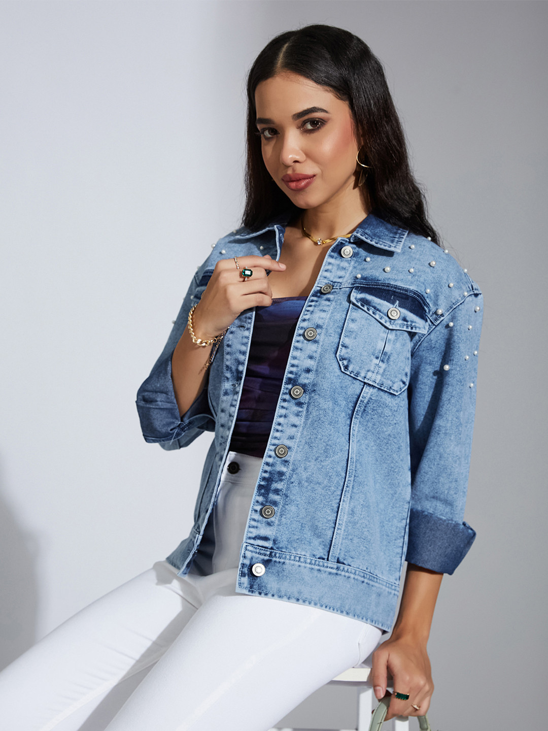 Miss Chase Women Long Sleeve Solid Embellished Pearl Denim Jacket