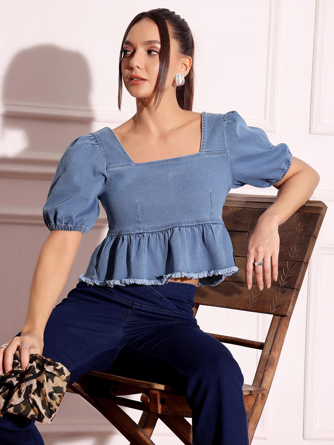 Miss Chase Women Square Neck Puff Sleeve Peplum Styled Denim Cropped Top