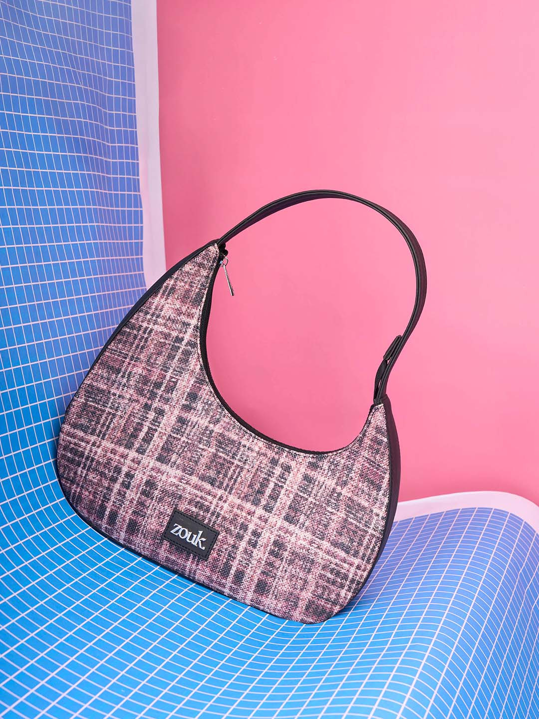 Alt by Zouk  Pixi Checked Printed Half Moon Shoulder Bag