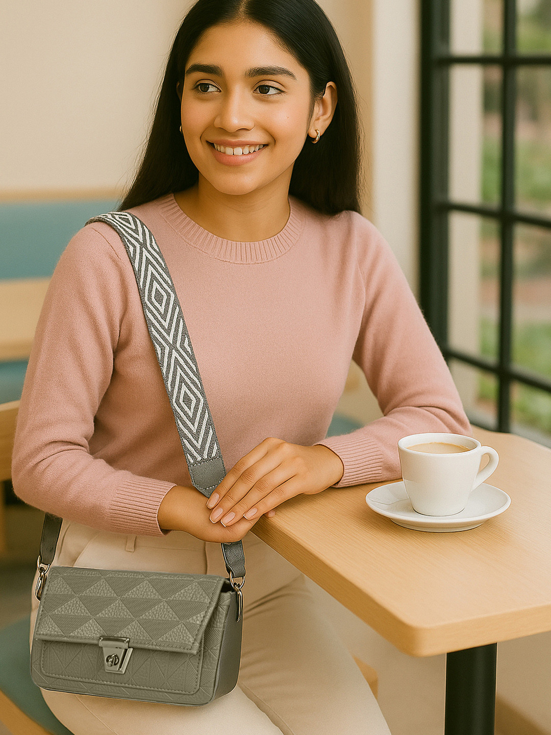 CATCHY Geometric Textured Crossbody Sling Bag With Buckle Detail