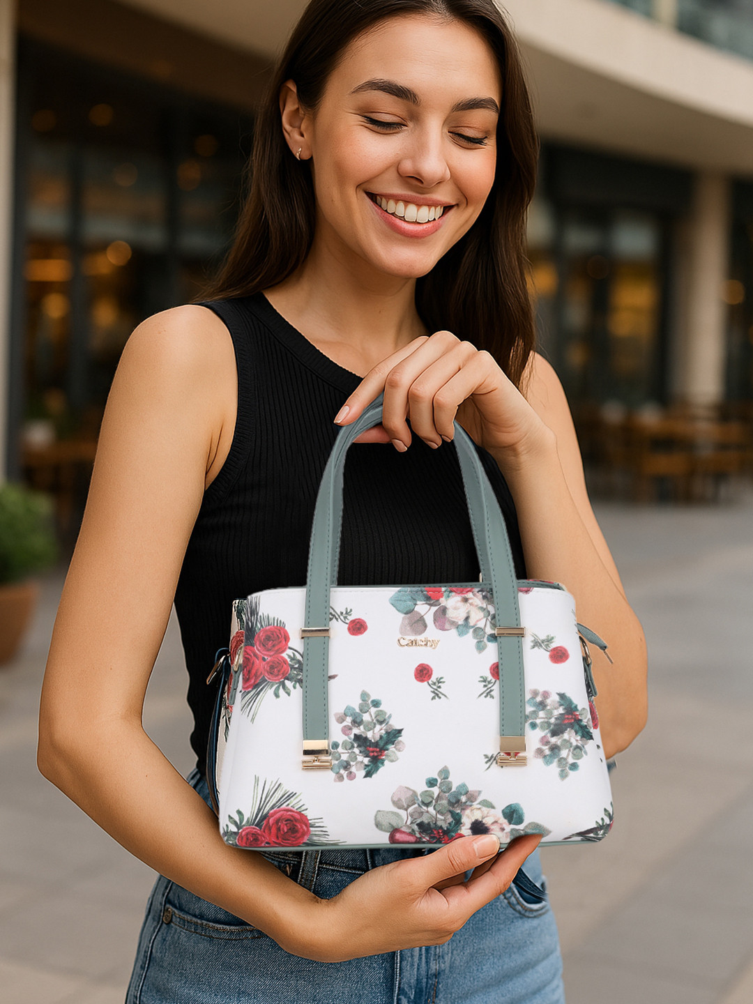 CATCHY Women Floral Structured Zip Detail Handheld Bag