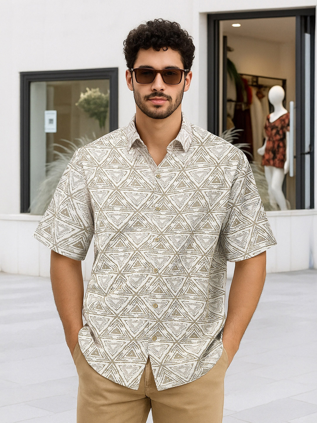 Bewakoof Men's Tan Brown All Over Printed Oversized Shirt