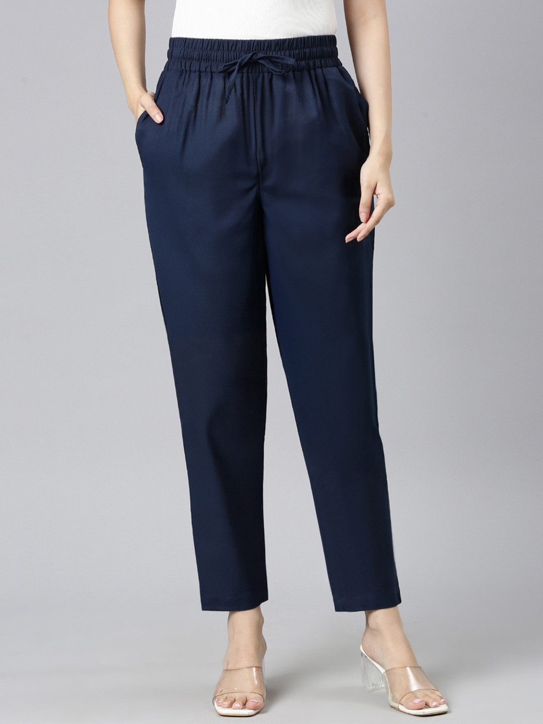 TWIN BIRDS Womens Navy Blue Cotton Linen Solid Straight Pants