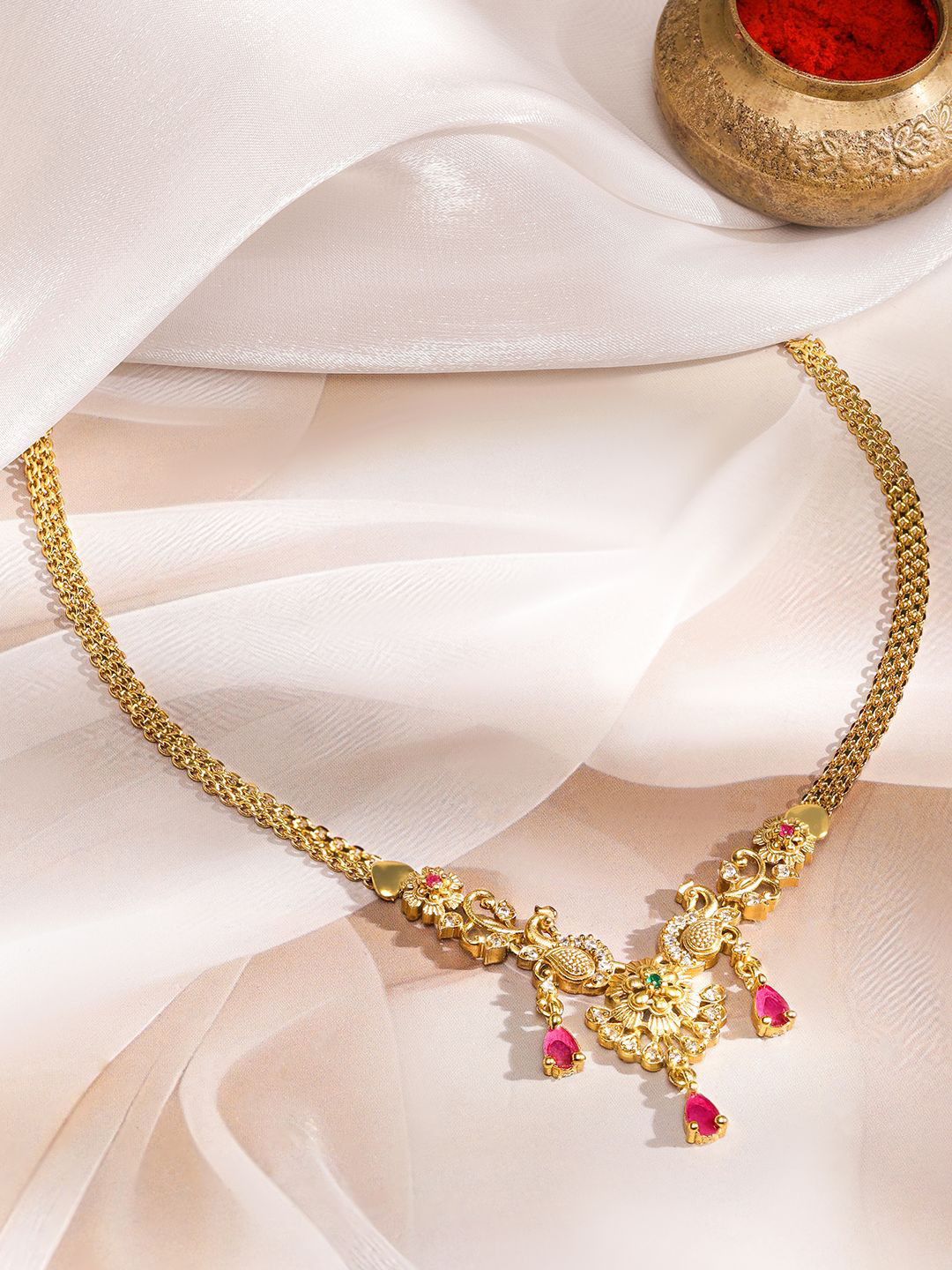Rubans 22K Gold-Plated Ruby Pink Drop & Peacock Motif & Floral Charms Chain Necklace