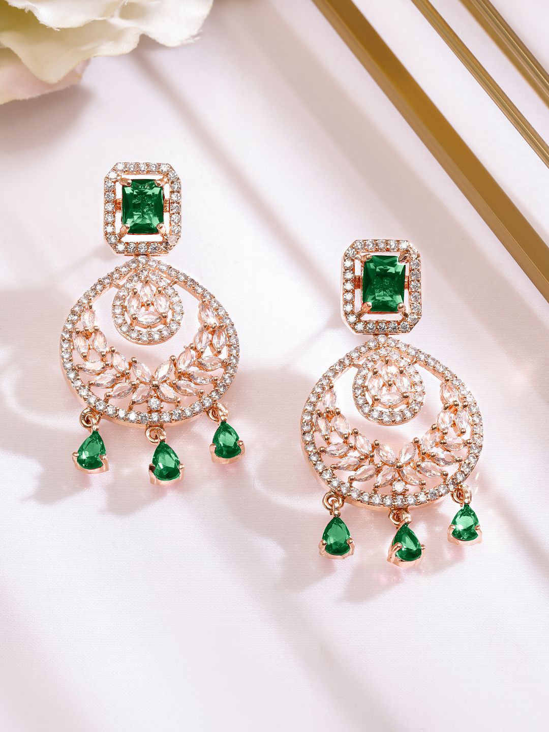 Rubans 18K Rose Gold-Plated Emerald Green & White Cubic Zirconia Stone Chandelier Earrings