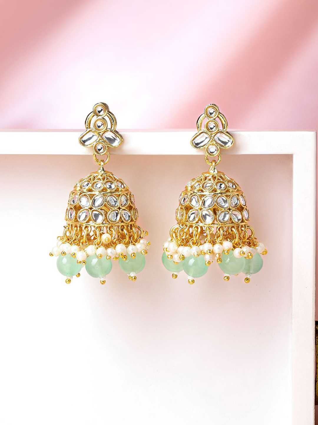 Rubans 18K Gold-Plated White Kundan Jhumka Earrings with Mint Green & Pearl Beads Drops