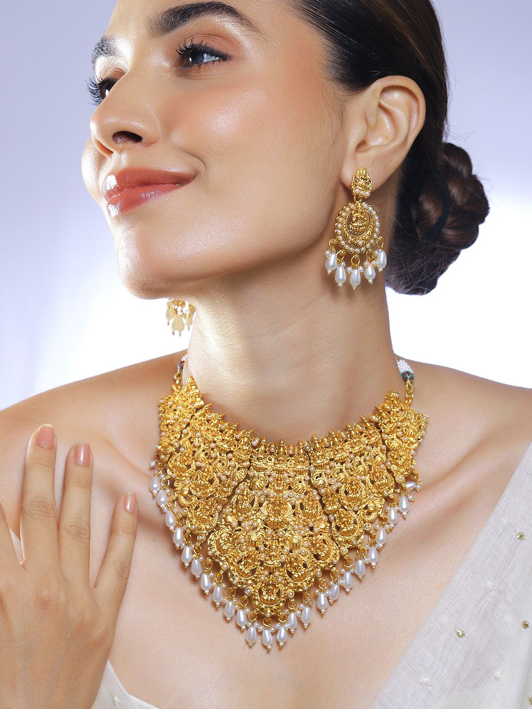 Rubans 22K Gold-Plated White Pearl Beaded Temple Choker Necklace with Drop Earrings