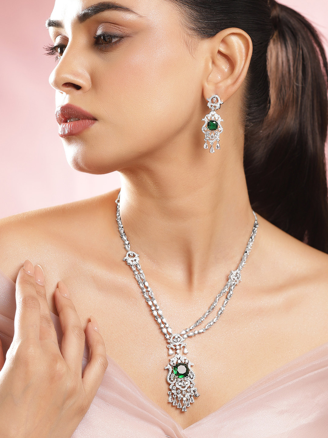 Rubans Rhodium-Plated Emerald Green & White AAA Cubic Zirconia Statement Jewellery Set