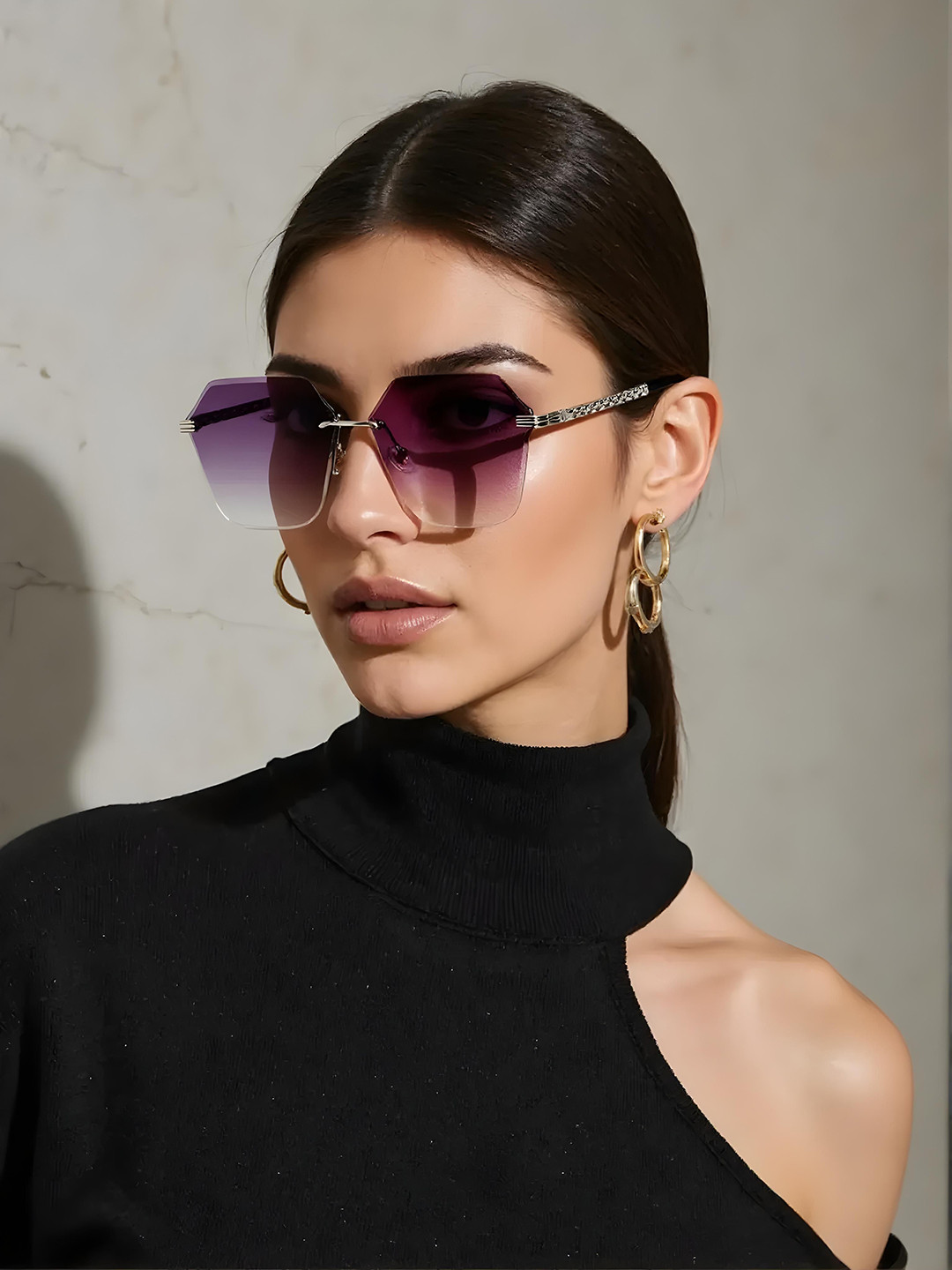 Ted Smith Unisex Aesthetic-Bold Silver-Purple Rimless Sunglasses with UV Protected Lens