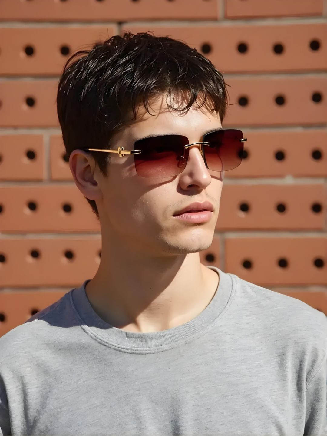 Ted Smith Unisex Aesthetic-Bold Gold-Brown Rimless Sunglasses with UV Protected Lens