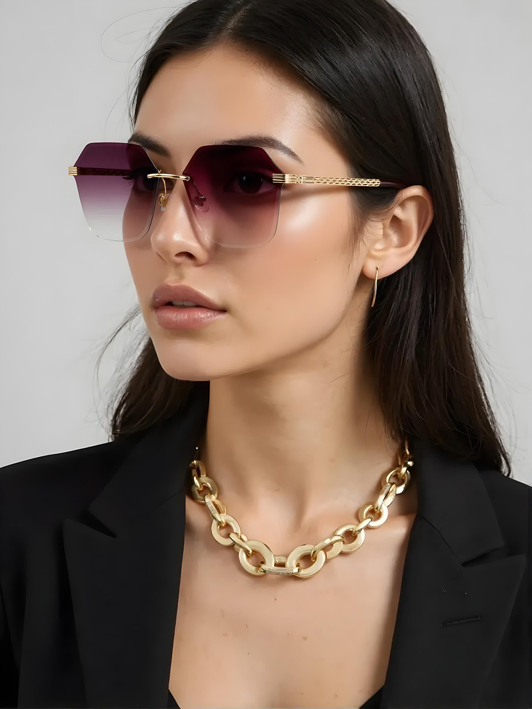 Ted Smith Unisex Aesthetic-Bold Gold-Brown Rimless Sunglasses with UV Protected Lens