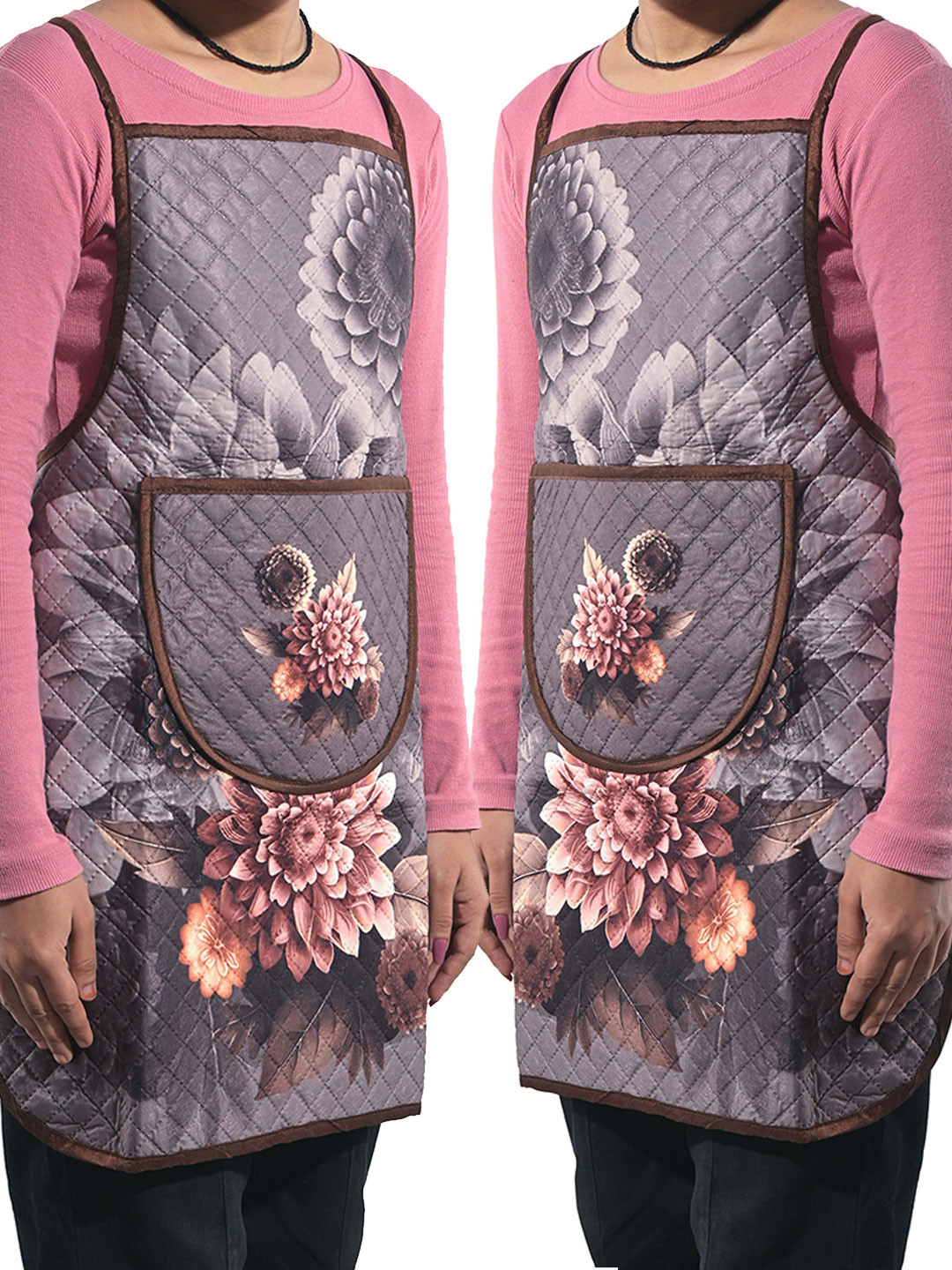 Kuber Industries 2-Pcs Grey & Brown Floral-Printed Velvet Quilted Chef Apron With Pocket