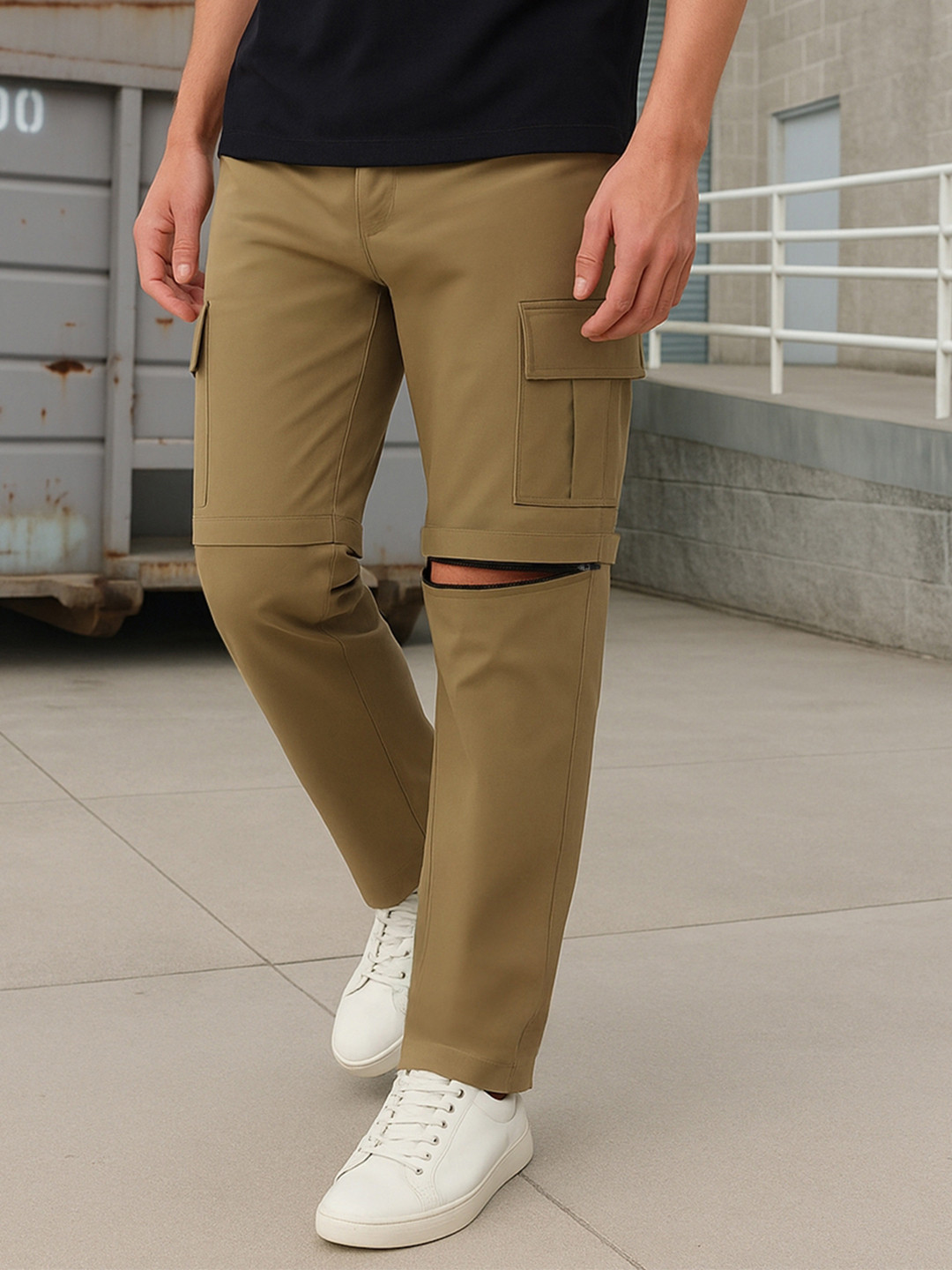 Bewakoof Men Khaki Zip-Off Convertible Cargo Pants