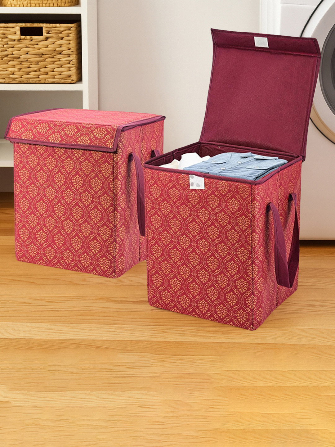 Kuber Industries 2 Pieces Maroon & Yellow Foldable Clothes Storage Box Organisers 40 L