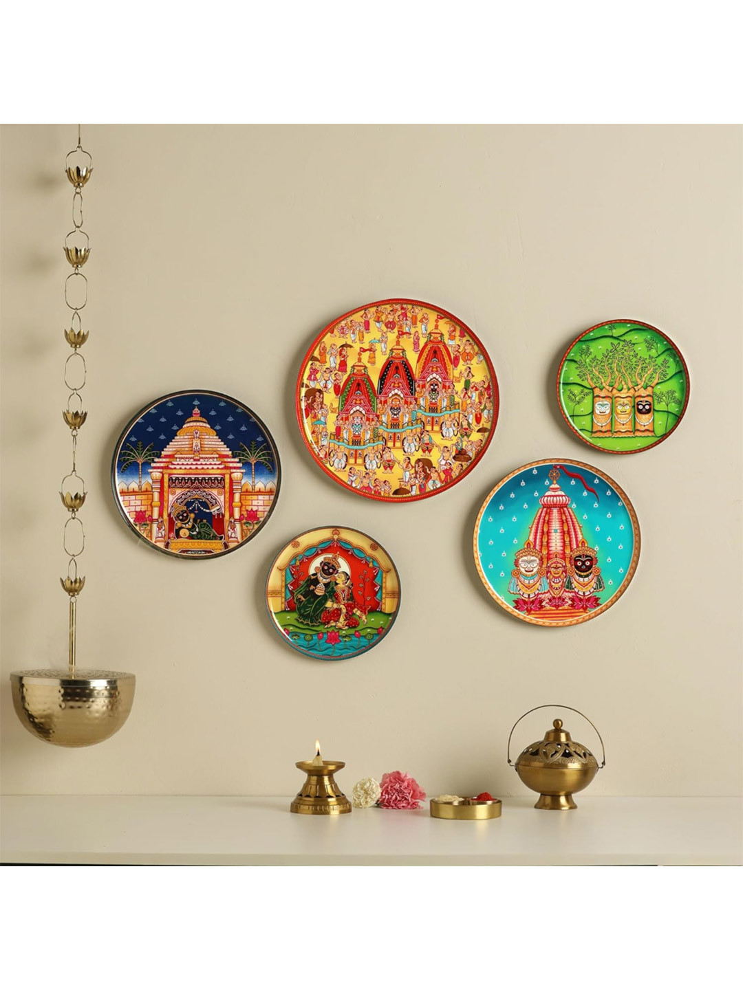 Ritualistic Ritualistic Jagannath Rath Yatra Metal Glossy Hall 5Pcs Wall Plates-11.8In