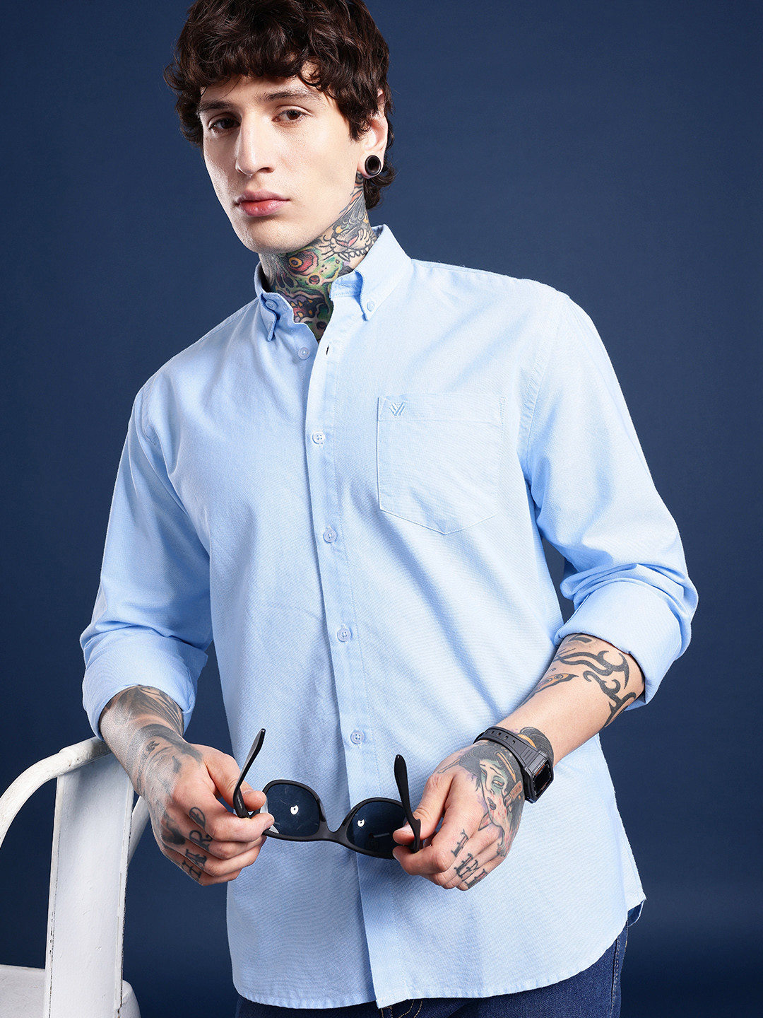 BS BLUE SQUAD Solid Slim Fit Oxford Shirt