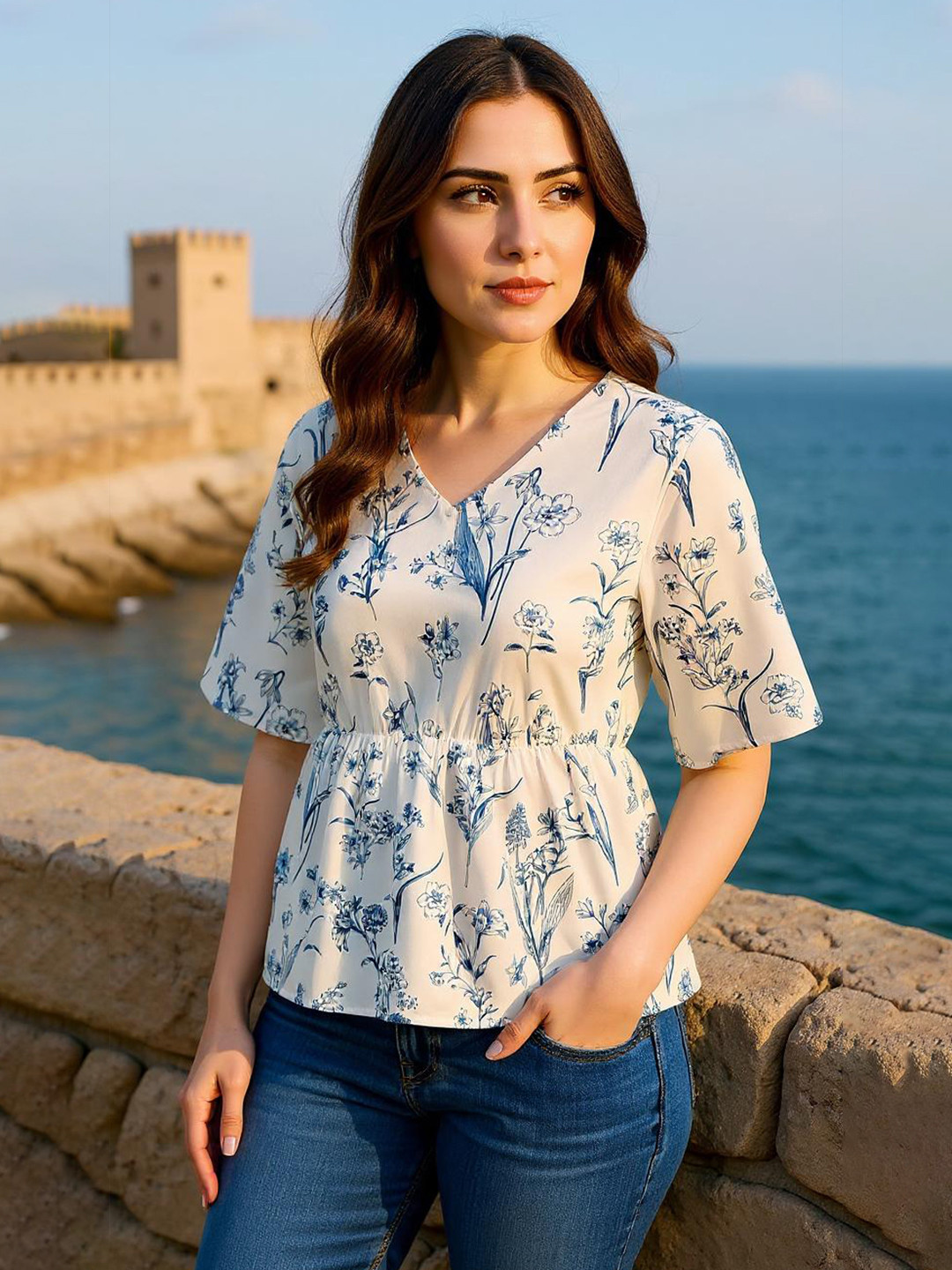 ZUMMER Women Floral Printed Gathered or Pleated Crepe Peplum Top