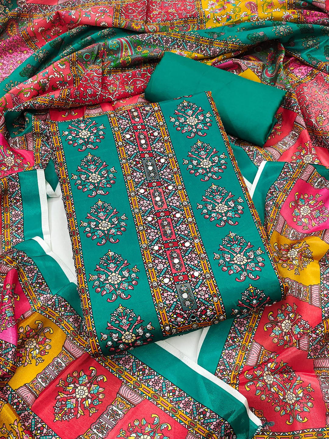 ICCHIT FAL Floral Printed Beads and Stones Unstitched Dress Material