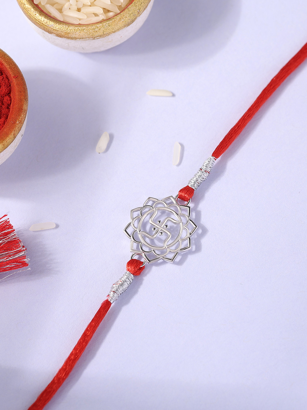 Ornate Jewels 925 Silver Religious Designer Swastik Rakhi With Roli Chawal