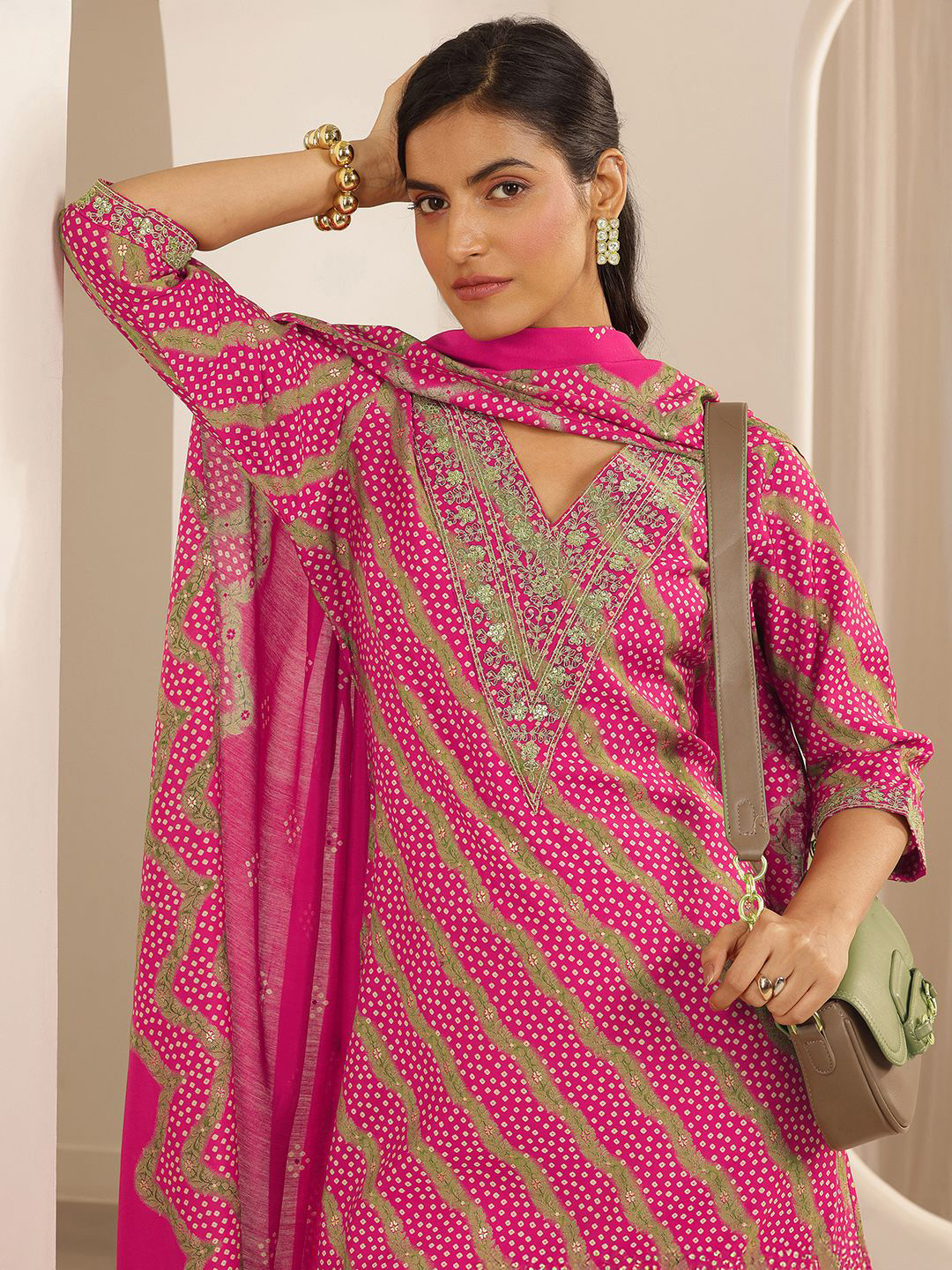 Libas Women Bandhani Printed Kurta with Trousers & Dupatta