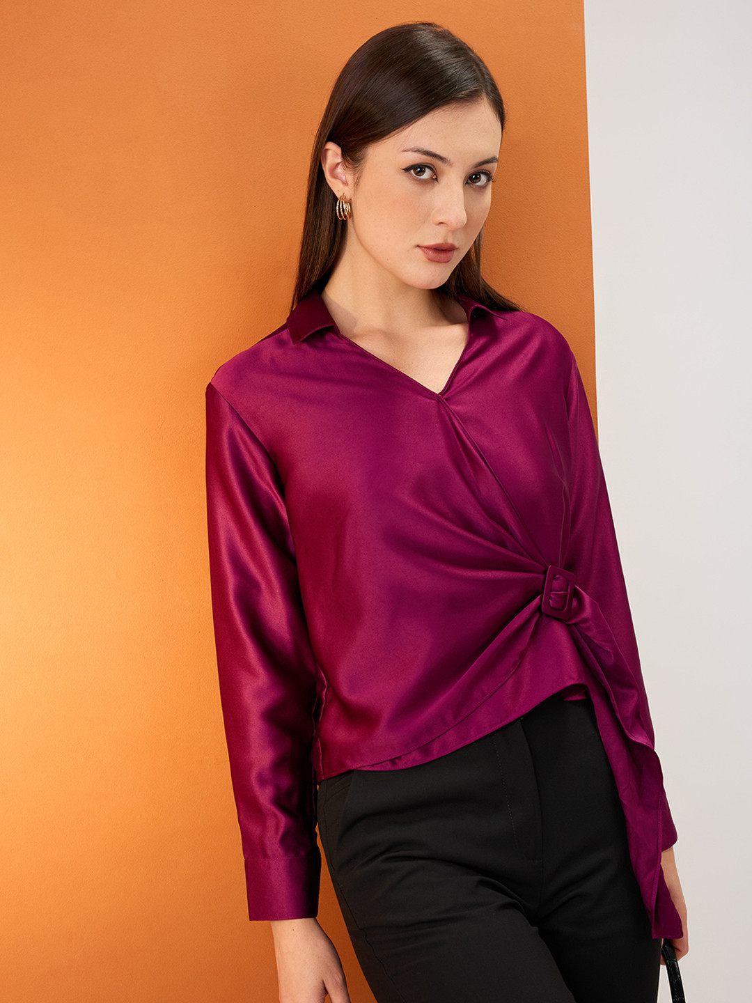 Globus Solid Shirt Collar Cuffed Sleeves Twisted Buckle Detail Shirt Style Party Top