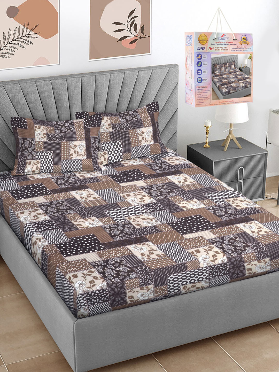 FABINALIV Navy Blue & Black Geometric Printed 300 TC Super King Bedsheet Set 2.7 m x 2.7 m