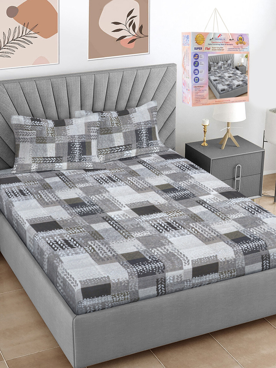 FABINALIV Black & Off White Printed 300 TC Super King Bedsheet Set 2.7 m x 2.7 m