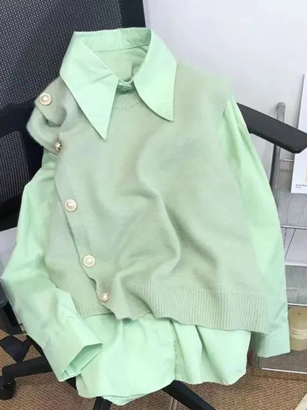 Miss Mosa By Akanksha  Green Malta Two Piece Shirt & Knit Vest Set