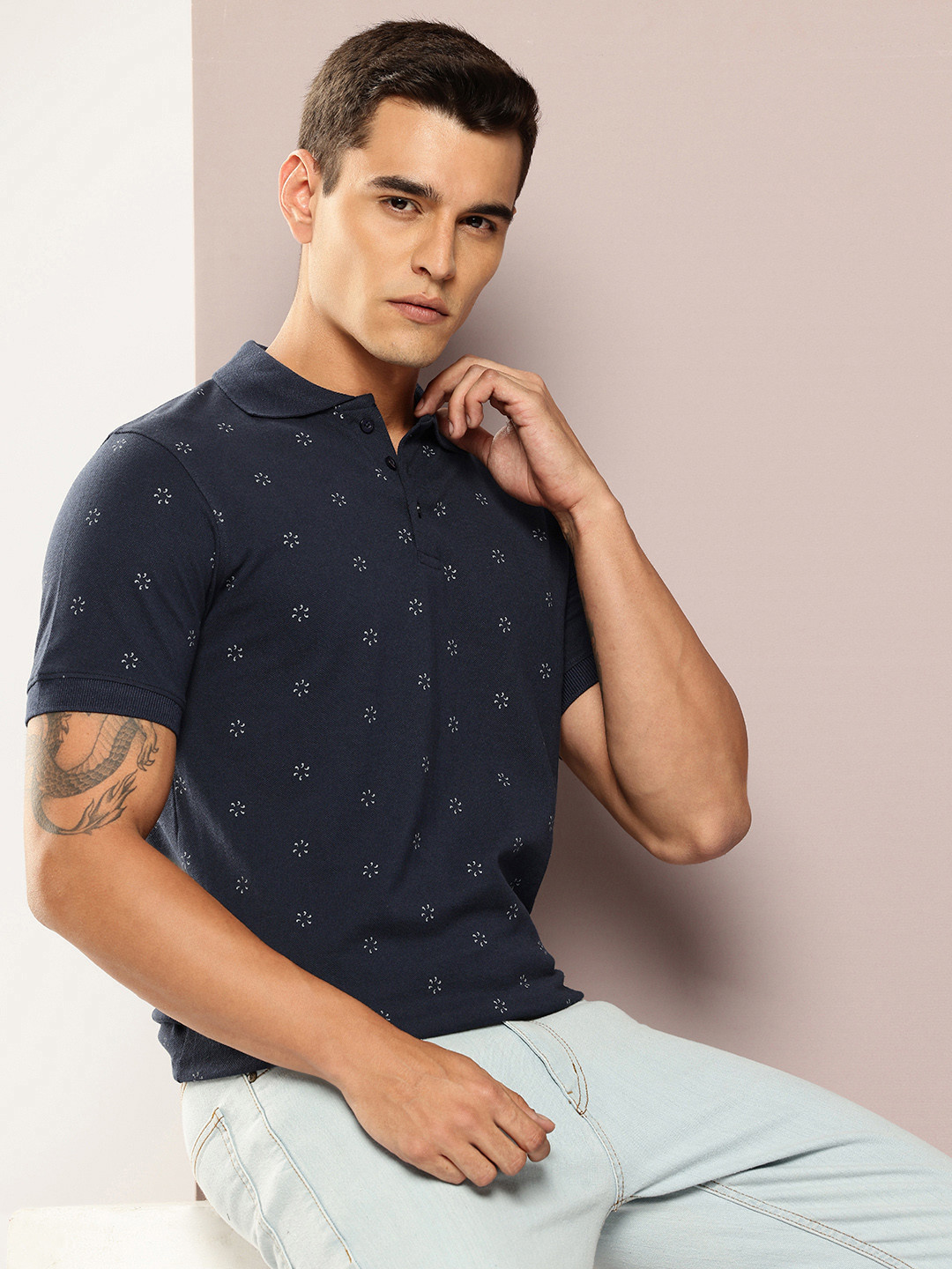 FROSEN FOX Floral Printed Polo Collar T-shirt