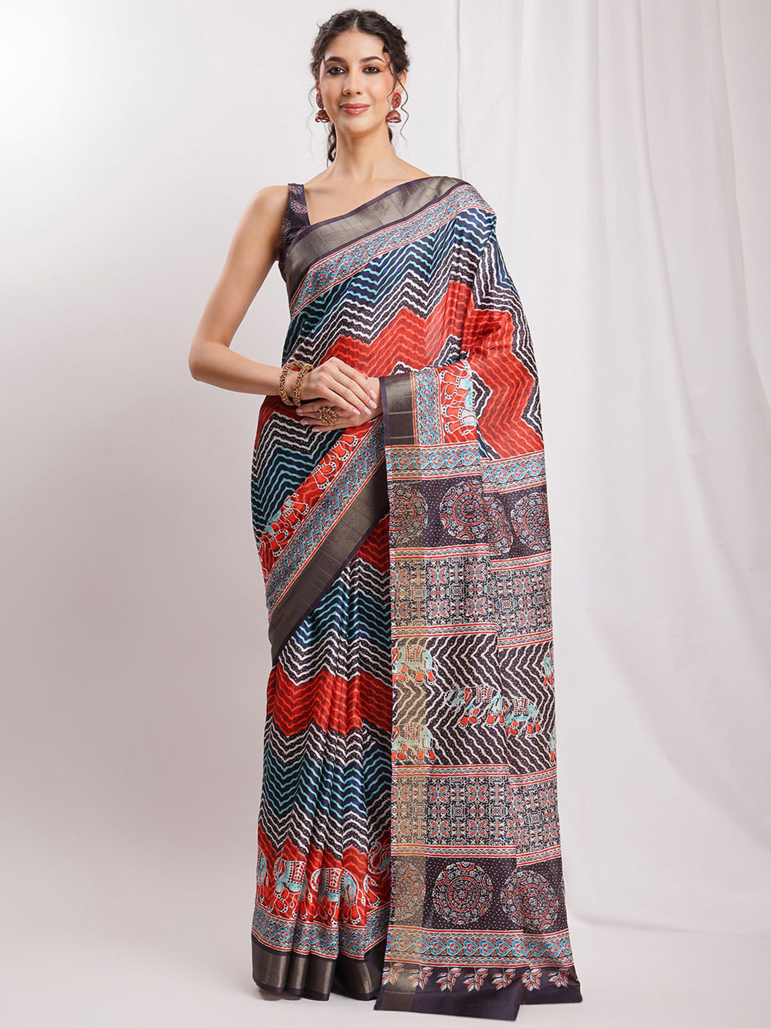 Janasya Women's Multicolor Silk Blend Chevron Printed Printed Saree with Blouse Piece