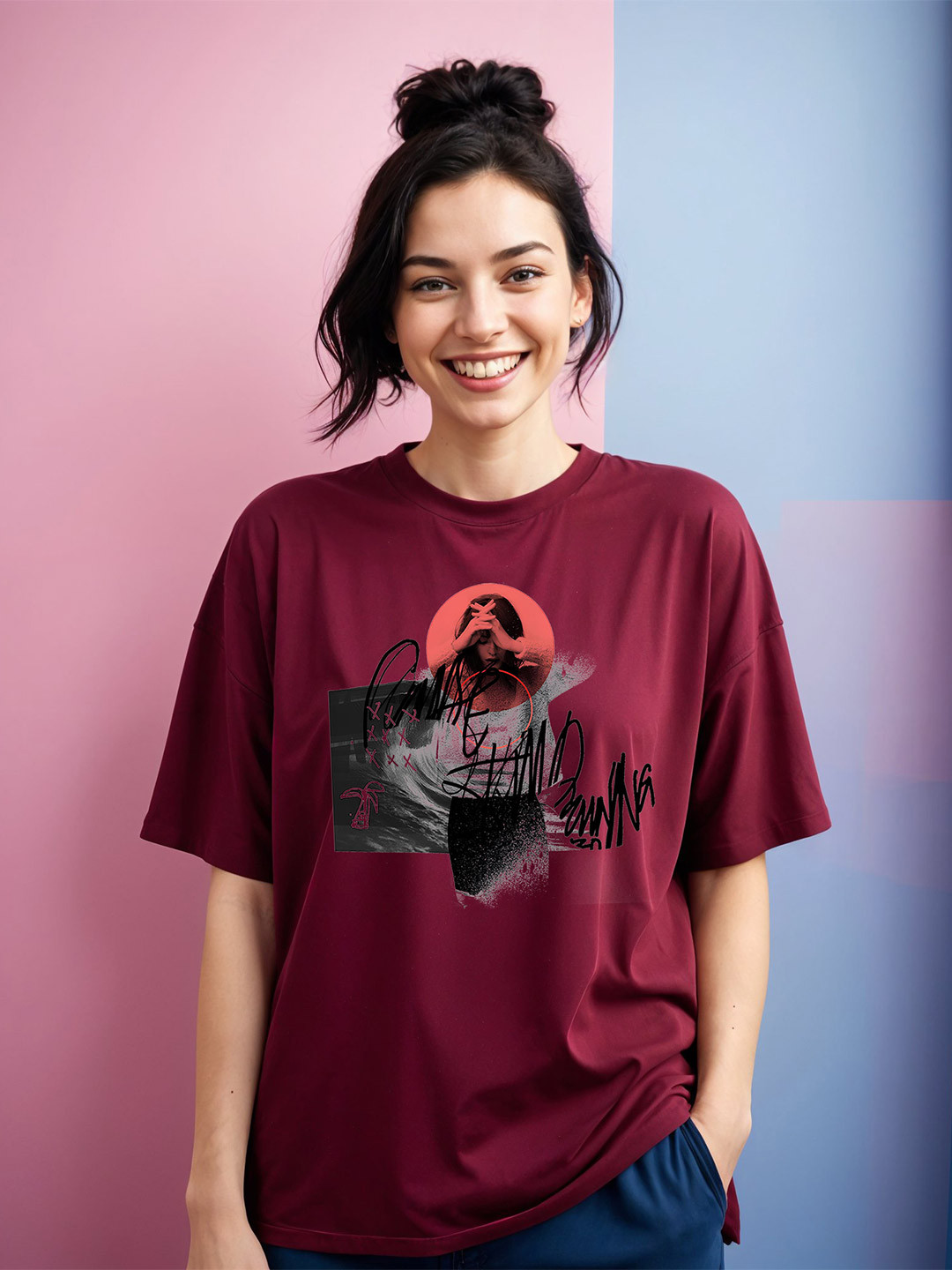 SMARTEES Graphic Printed Round Neck Cotton Oversized T-shirt