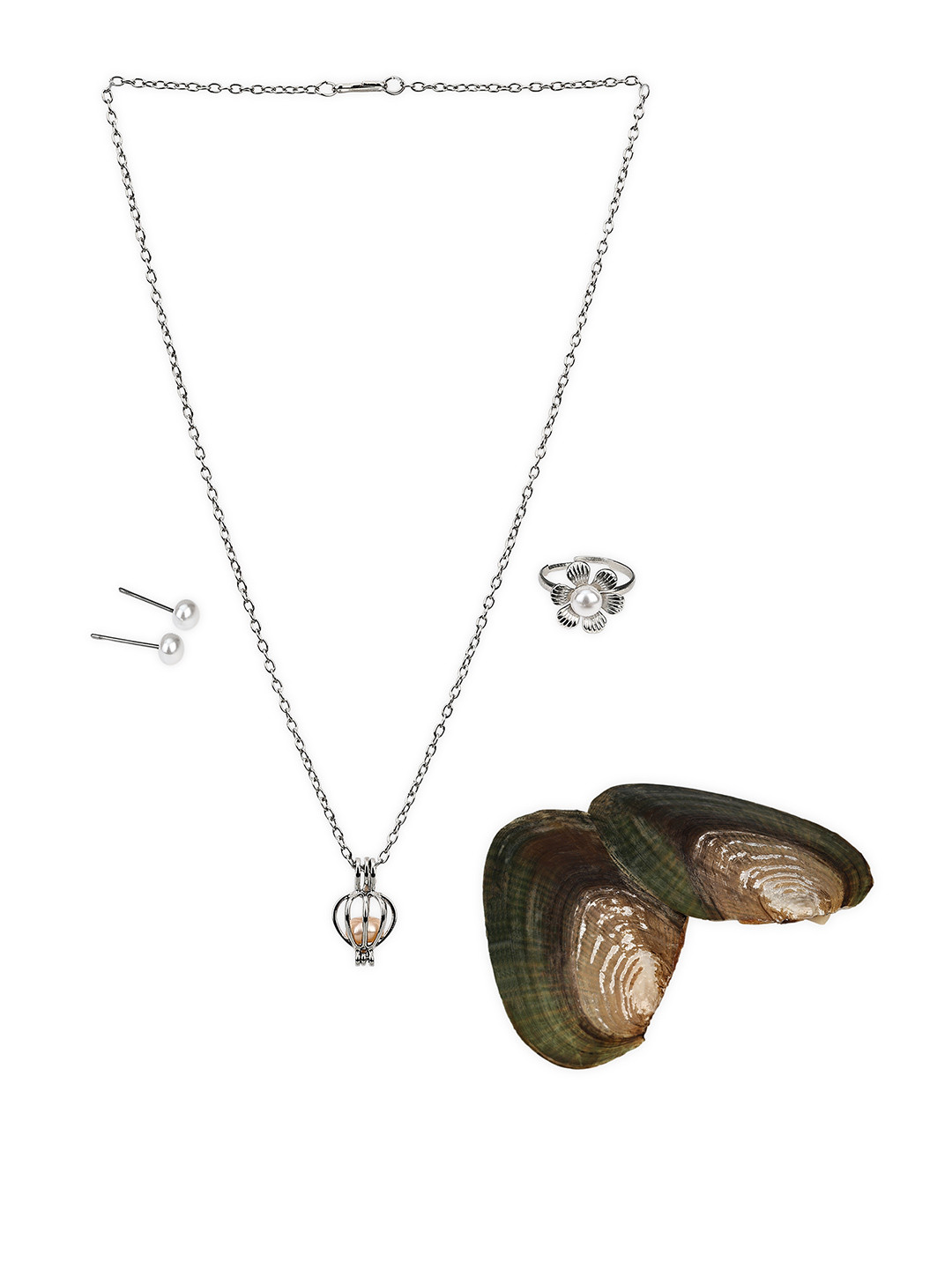 VR Creatives White Silver-Toned Necklace & Earrings