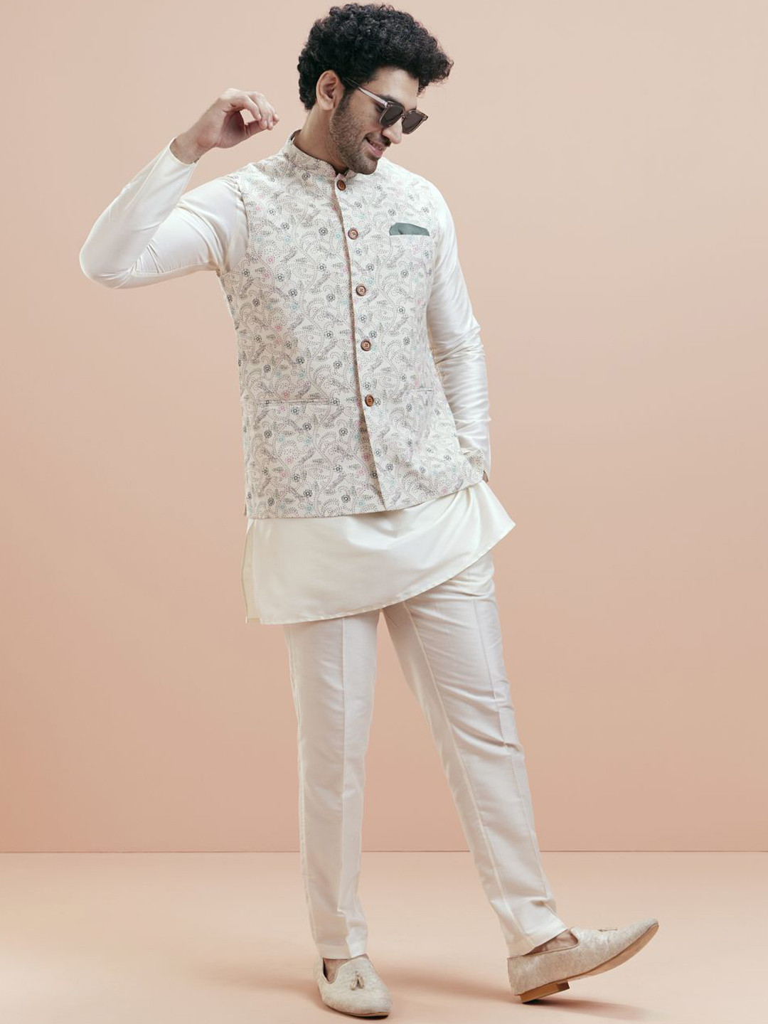 KISAH Mandarin Collar Jodhpuri Straight Kurta With Trousers & Nehru jacket