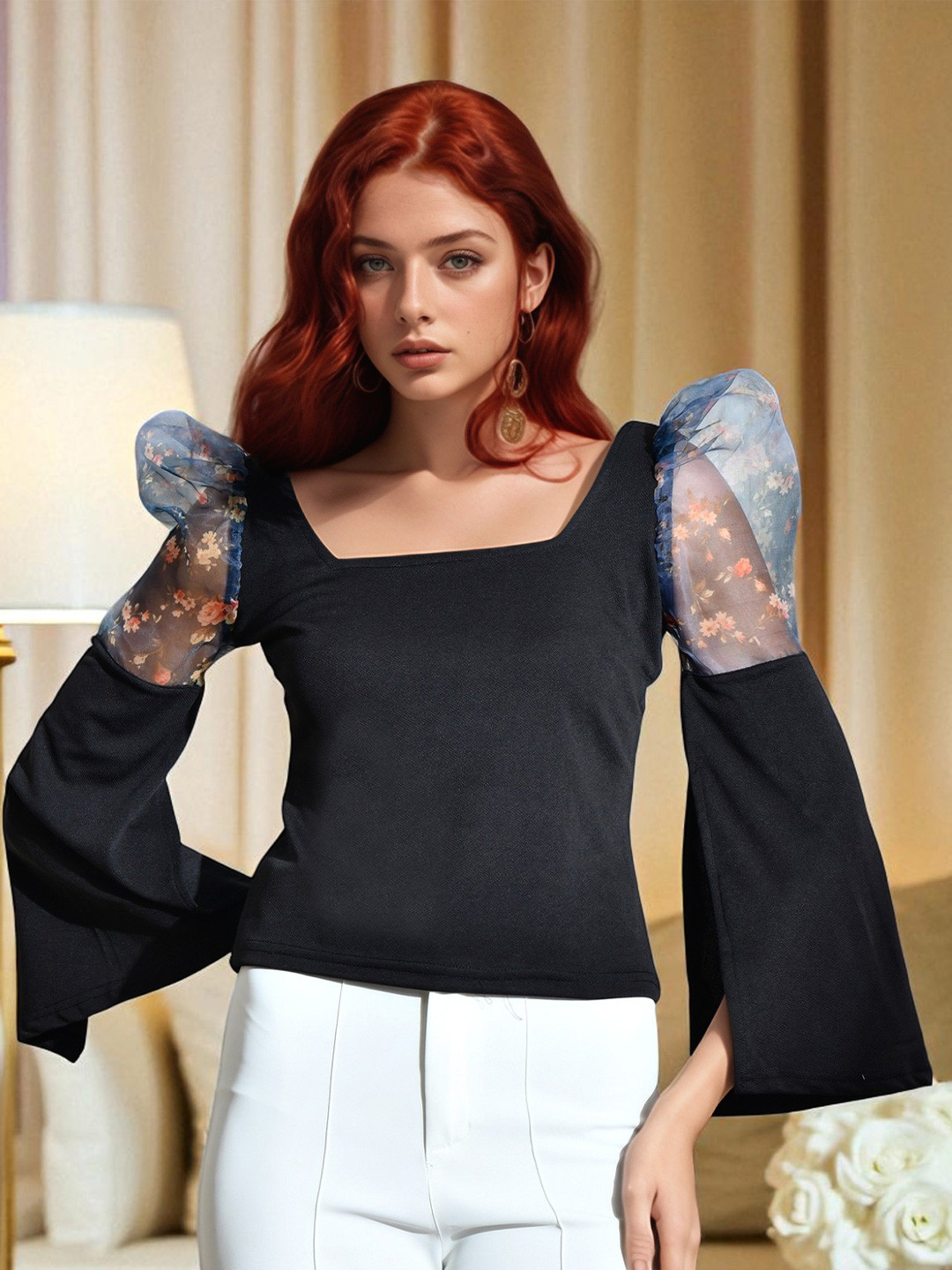 ZEUGEN Women Square Neck Slit Sleeves Fitted Top