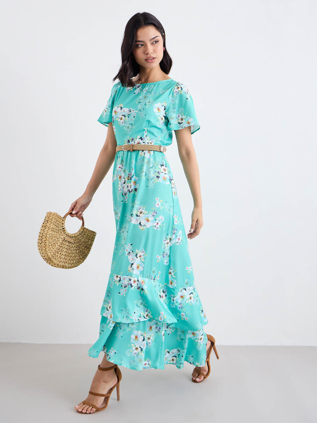 Styli Women Floral Printed Layered Fit and Flare Maxi Dress