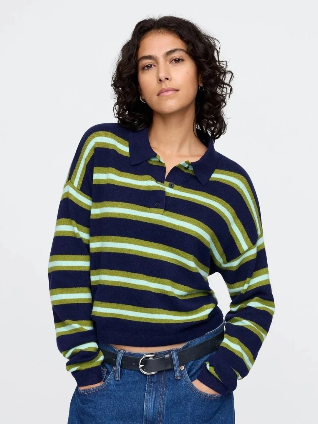 GAP Striped Relaxed-Fit Polo Neck Pullover Sweate