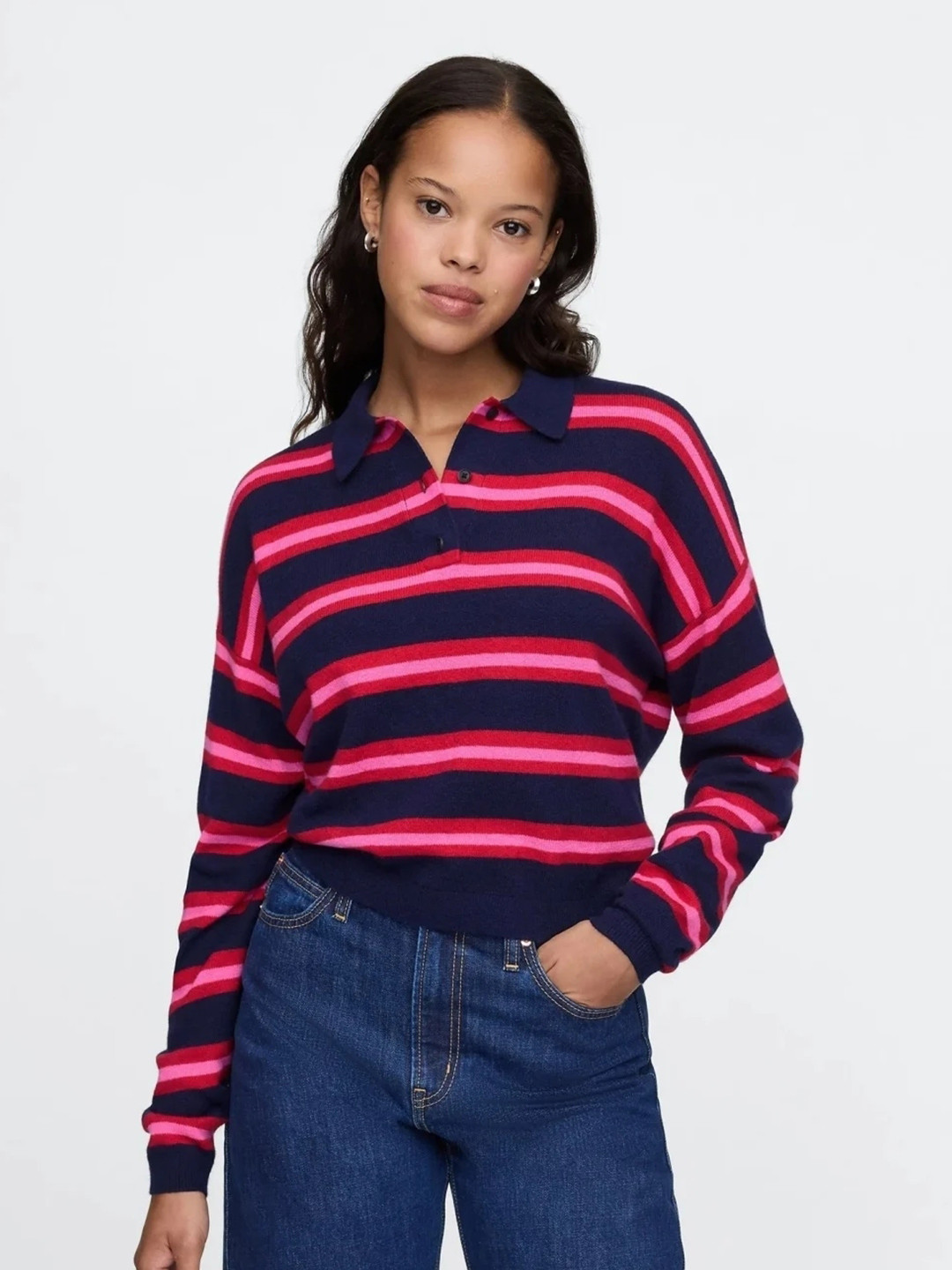 GAP Striped Relaxed-Fit Polo Neck Pullover