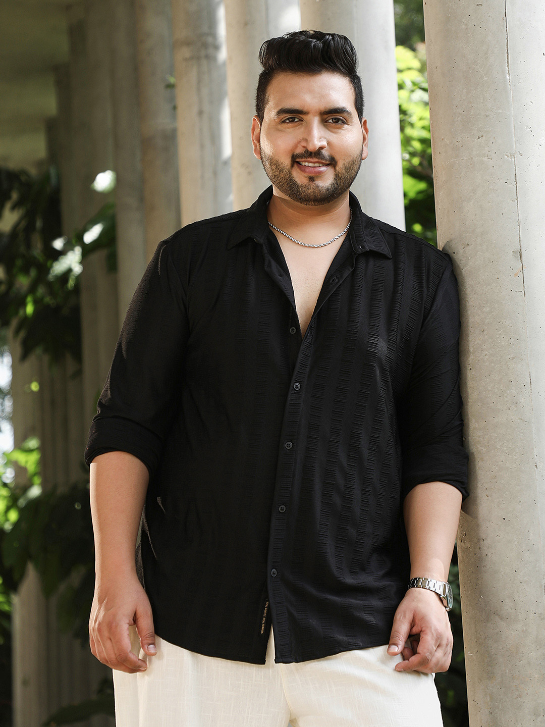 Instafab Plus Plus Size Comfort Self Design Ripple-Panel Tactile Spread Collar Shirt