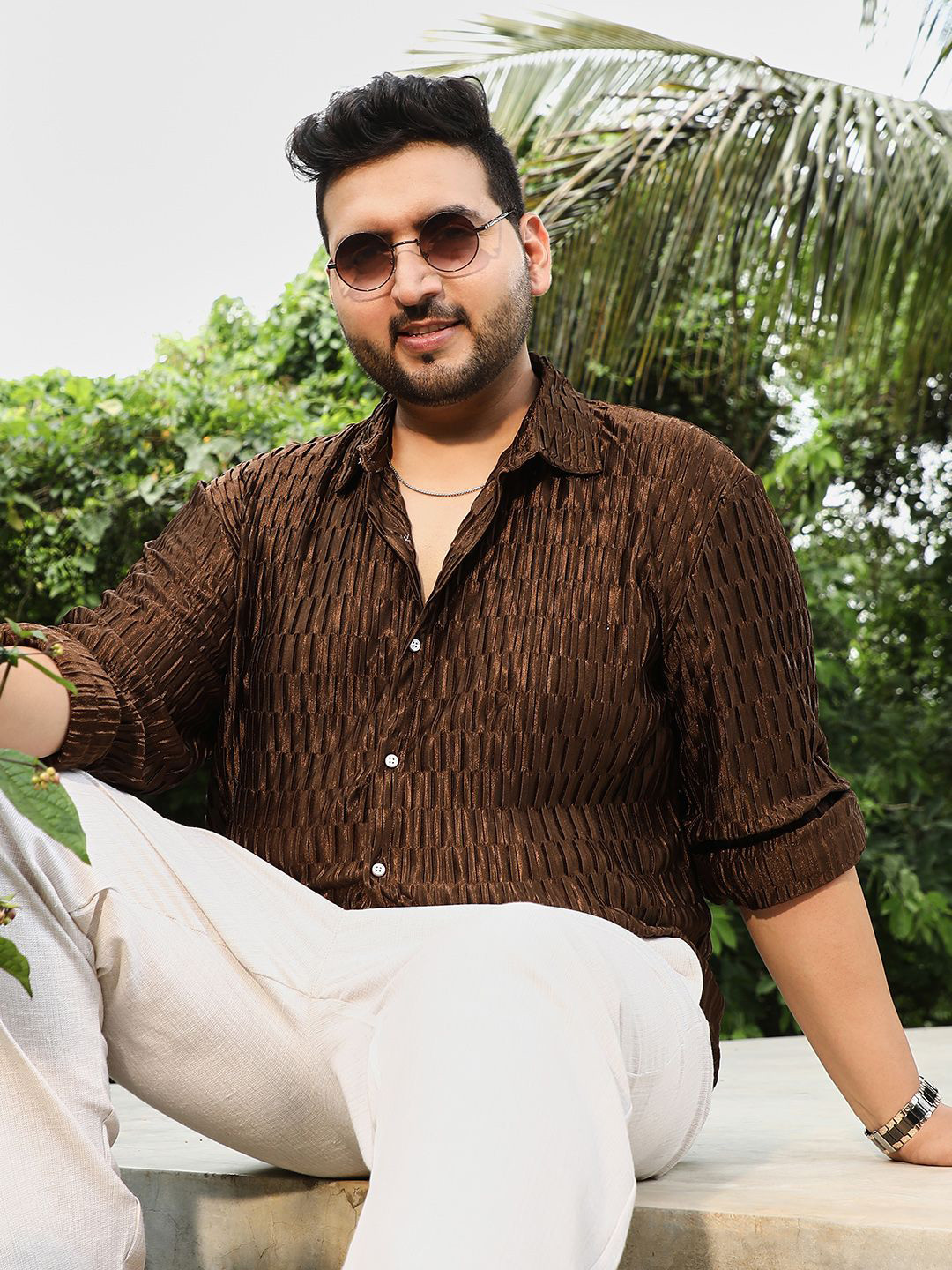 Instafab Plus Plus Size Comfort Self Design Ruche-Pleated Spread Collar Cotton Shirt