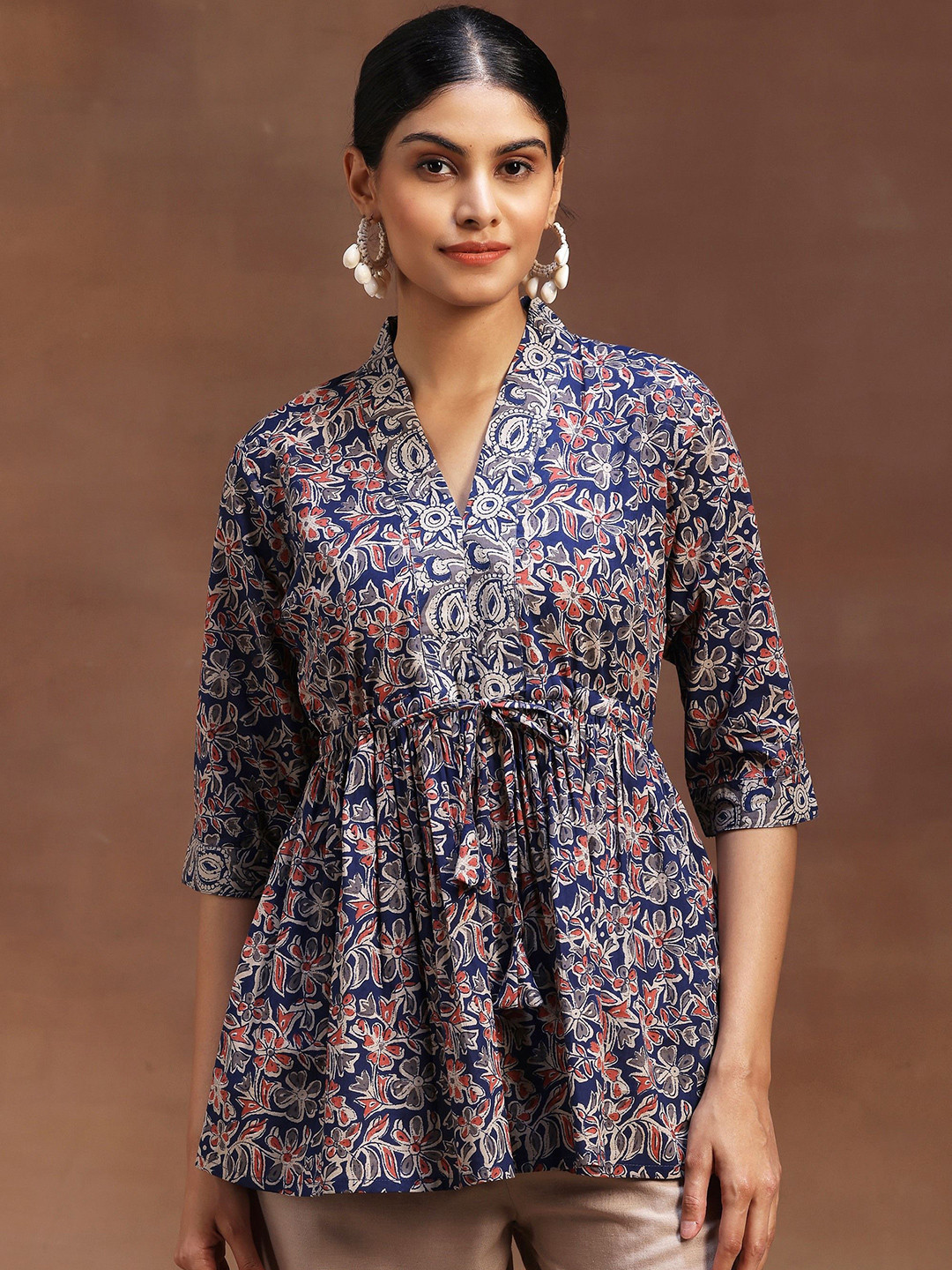 Libas Women Floral Printed V-Neck Pleated A-Line Kurti