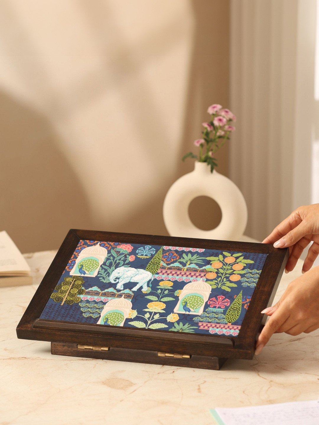 Ritualistic 2Pcs Brown & Blue Printed Wooden Foldable Laptop Table