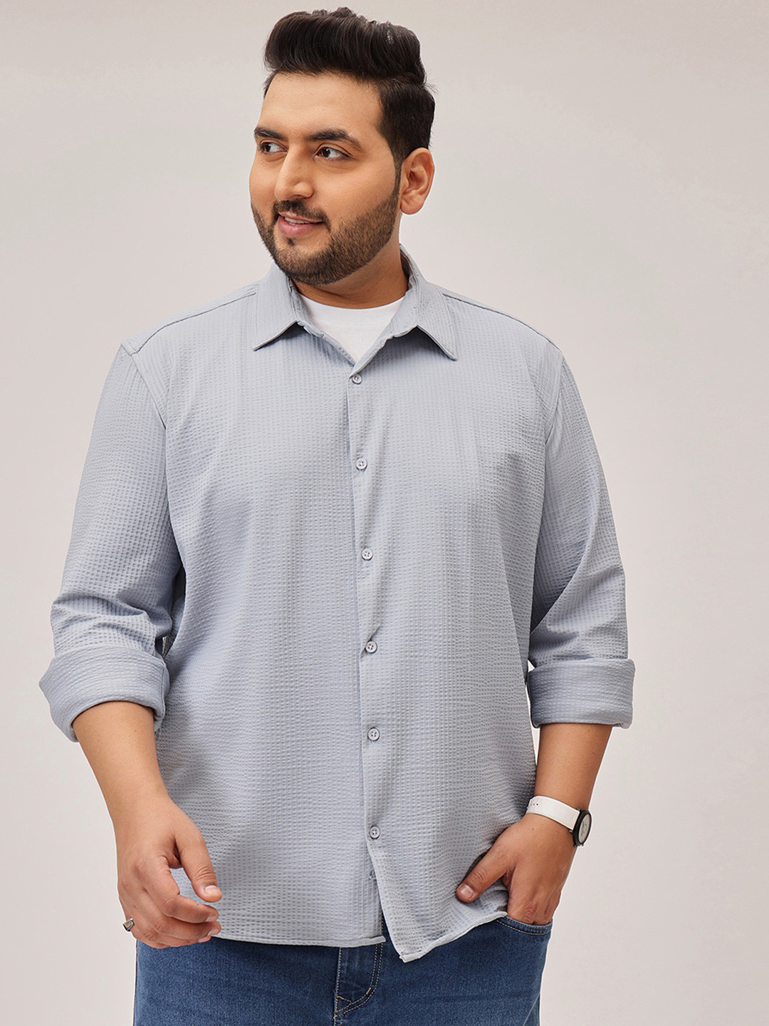 UNSTD Men Plus Size Relaxed Fit Textured Spread Collar Cotton Casual Shirt