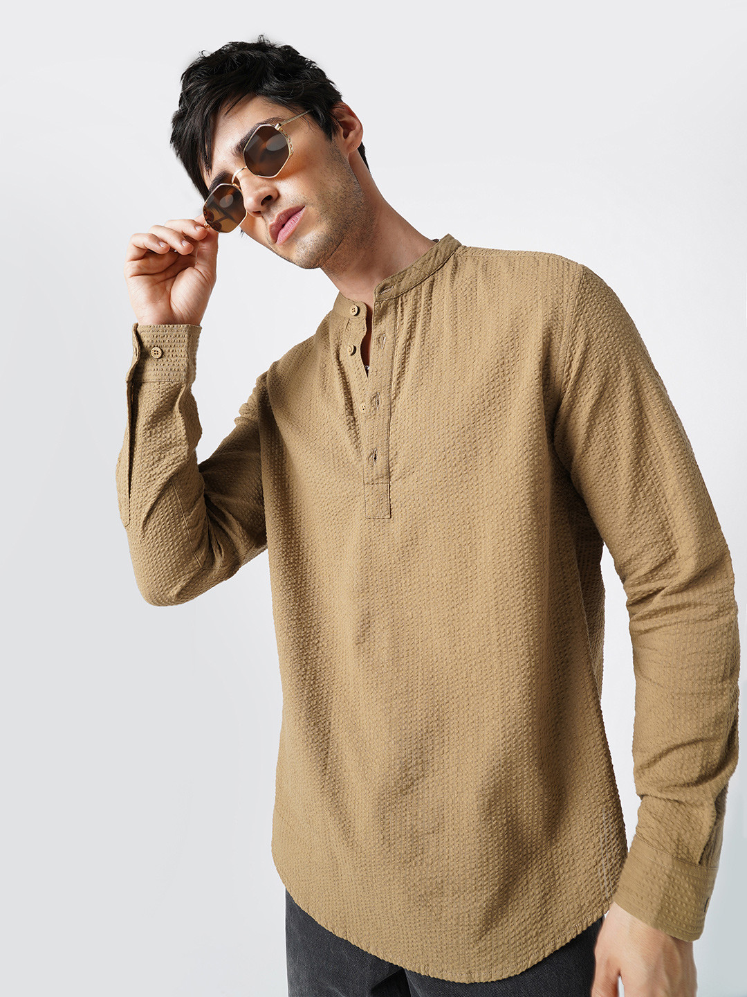 VASTRADO Band Collar Seersucker Cotton Kurta