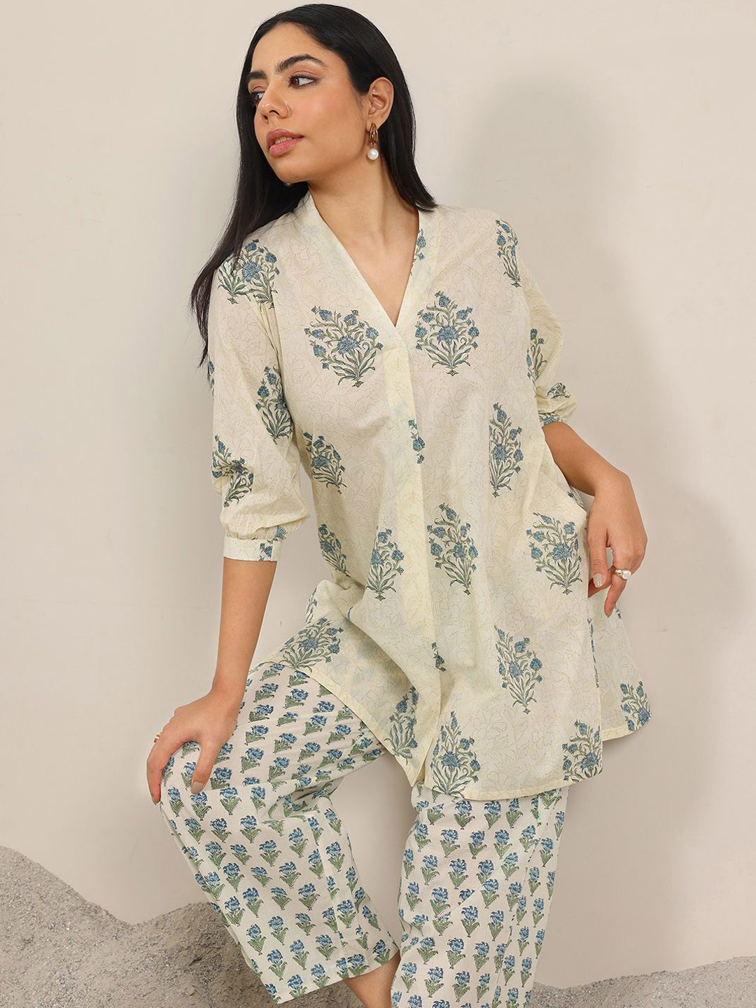 Libas Floral Printed Pleated A-Line Kurti With Palazzos